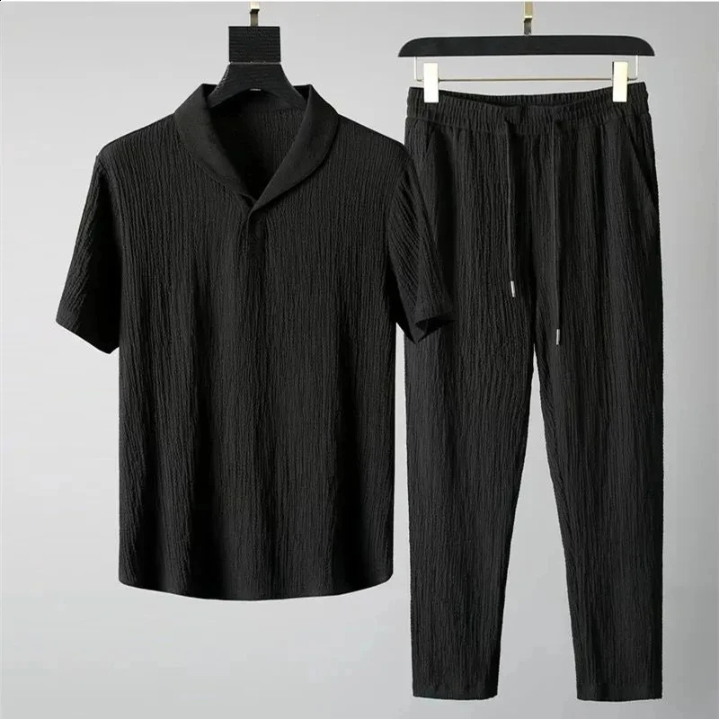 Mens Casual Solid Color Drawstring Shirt Set Summer Fashion Striped Loose Lapel High Stretch Business Suit 240830