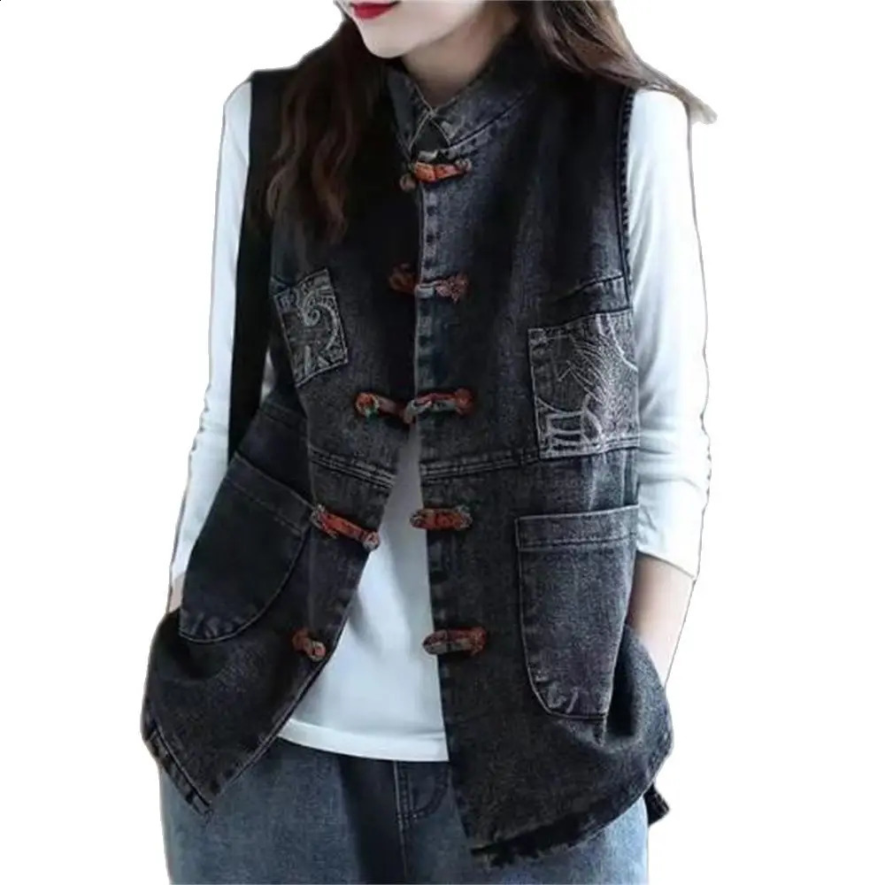 Womens denim vest cotton spring summer short sleeved plus size vest Chinese style retro Korean fashion sleeveless jacket for women 240830