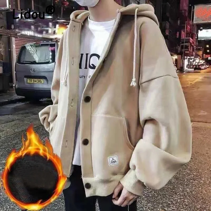 Korean Autumn Sweatshirts for Men Hoodie Solid HK Style Hoodies Fall Baseball Outerwear Couple Warm Jacket Clothes Cardigan 240830