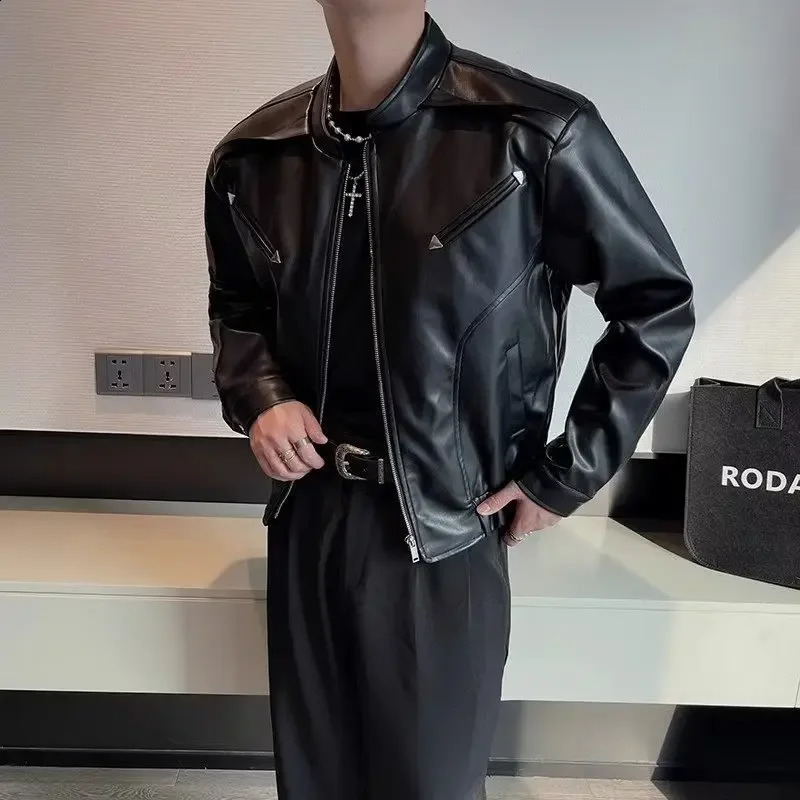 Mens Stand Collar Leather Jacket Solid Color Warm Business Casual Cropped Motorcycle Leather Coat Top For Men 240830