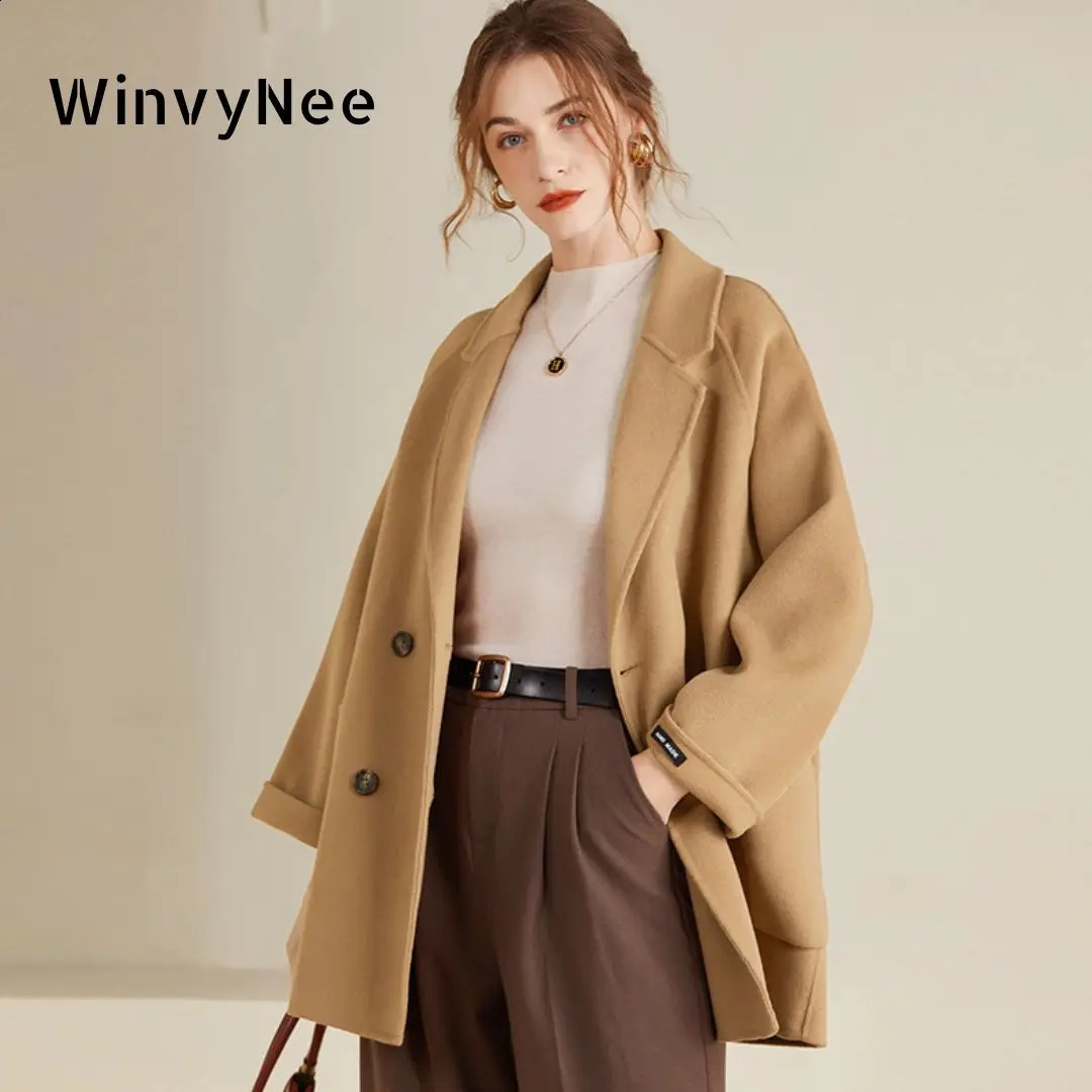 WinvyNee Womens Woolen Coats Loose Casual Double Breasted Retro Doublesided Jacket Office Outerwear Autumn Winter H1343012 240830