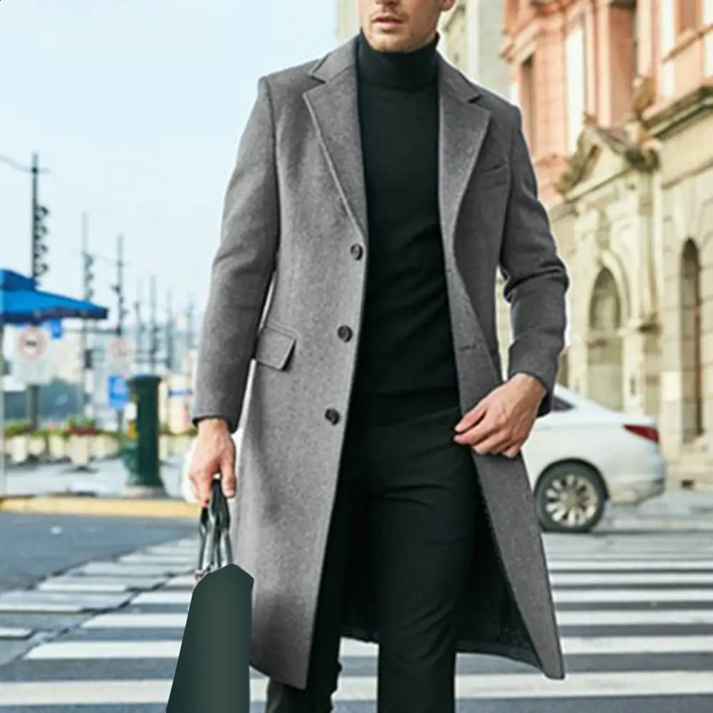 Korean Trend Mens Loose Casual Single-breasted Overcoat Autumn Winter Fashion Long Sleeve Woolen Long Coat 240830