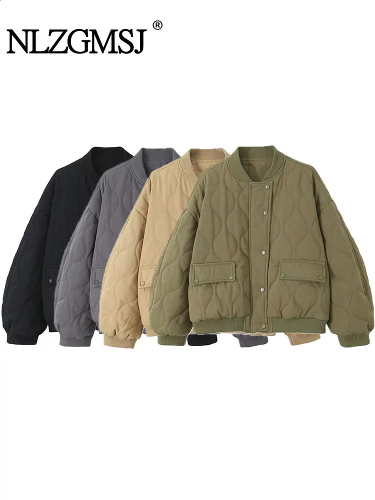 TRAF Winter Grey Oversize Women Cotton Coat Thicken Warm Long Sleeve Zipper Loose Padded Jacket Female Parkas 240830