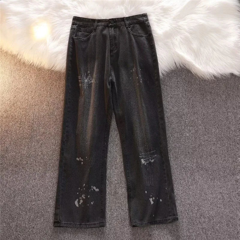 Jeans Mens Clothing Spring and Summer High Street Splash Ink Y2K Straight Pants Button Pocket Loose To Make Old Trousers A046 240830