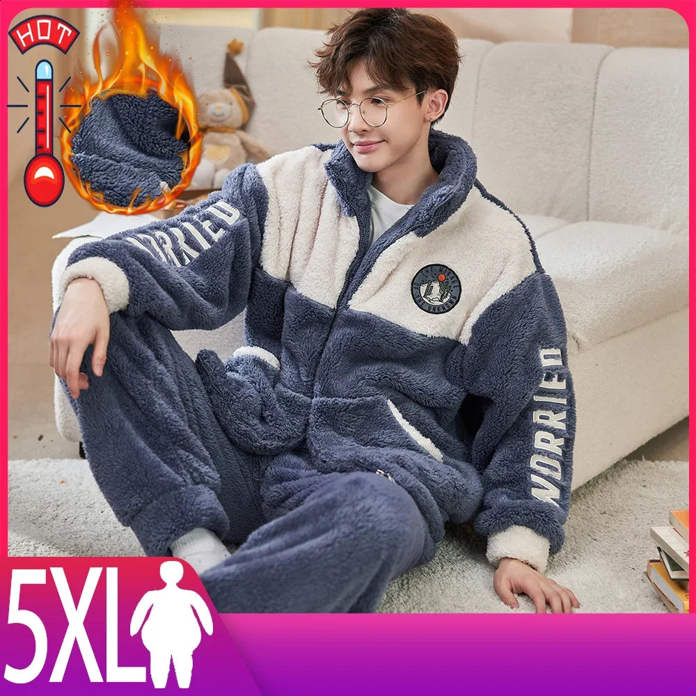 5XL Mens Winter Warm Pajamas Mens Pajamas Set Flannel Home Clothing Thick Wool Pajamas Large Pajamas 240830