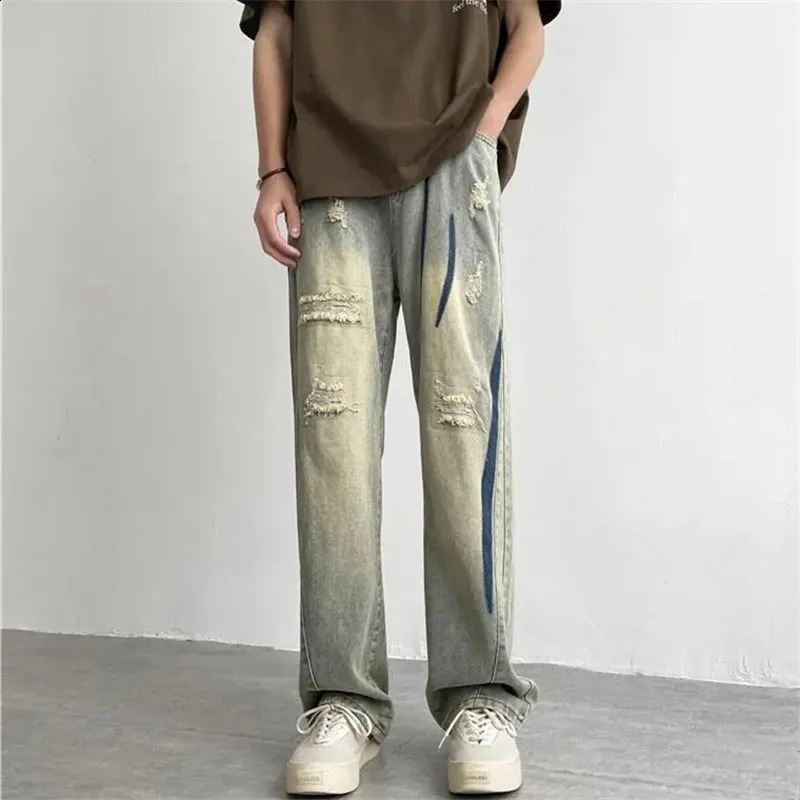 High Street Ripped Jeans Mens Clothing Y2K Color Contrast Straight Pants Button Pocket Loose Spring Summer Trousers A038 240830