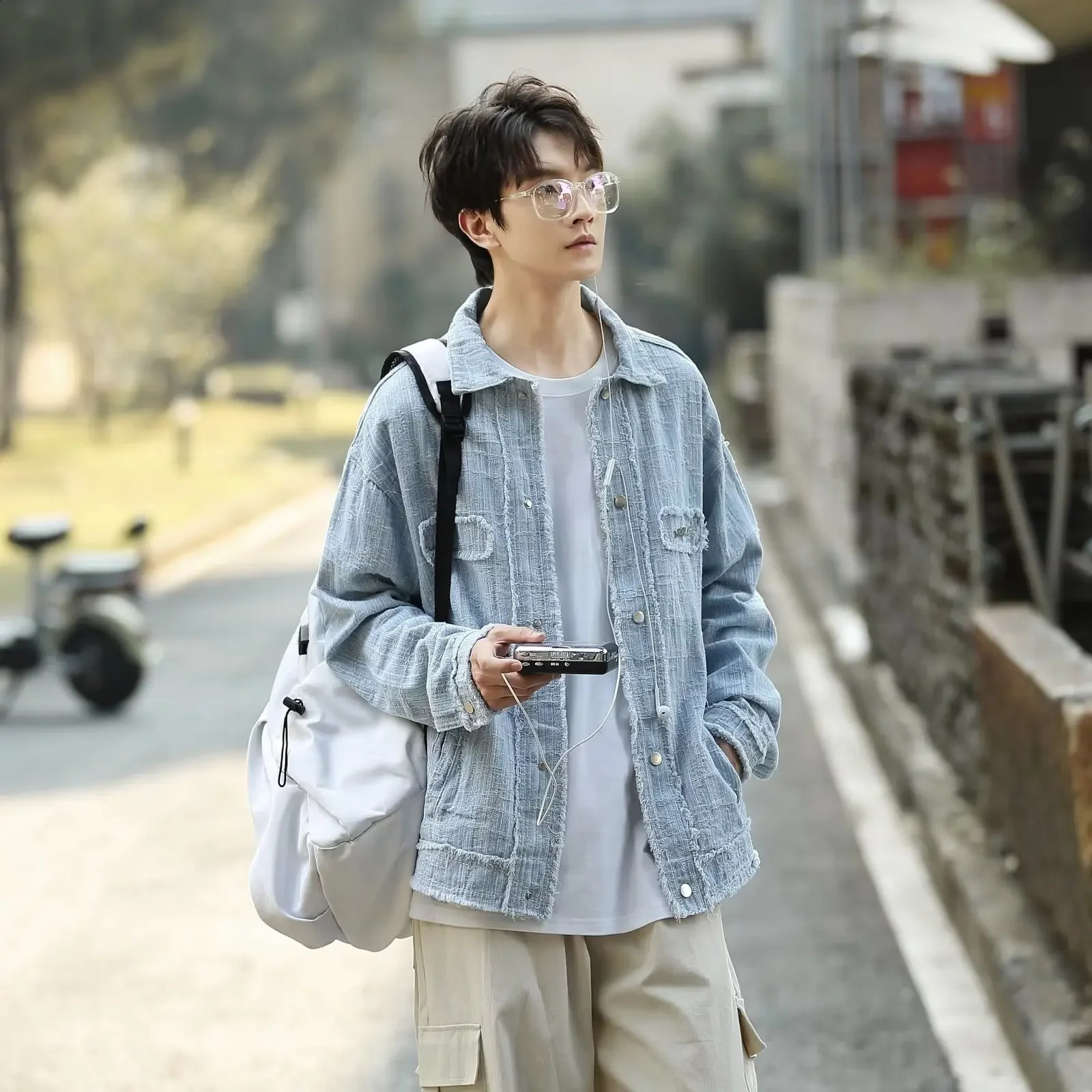 Tweed Styled Denim Jacket For Men Spring Autumn Hong Kong Style High Street Trendy Vintage Casual Top Loose Fit Thin Material 240830