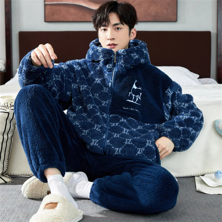 Mens Winter Sleepwear Warm Sleepwear Home Set Coral Velvet Autumn Plush Thick Zipper Home Clothes Hoodie Sleepwear Set Home Clothes 240830
