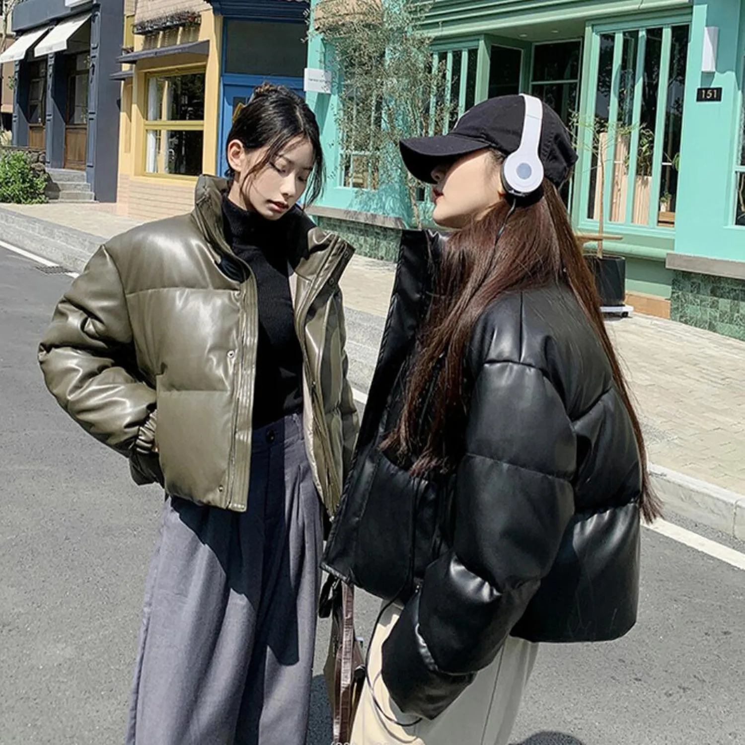 American Retro PU Down Cotton Jacket For Womens Zipper Coats Winter Puffer Short Jacket Fashion Oversized Warm Parka 240830