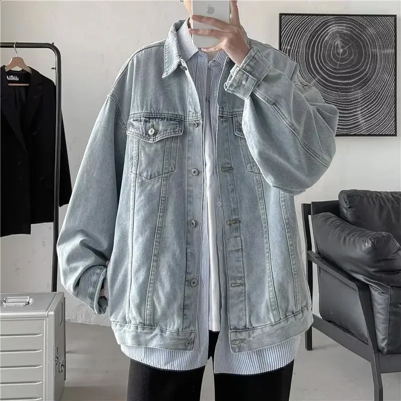 Trendy Denim Jacket For Men Casual Loose Fit Ins Distressed Vintage Work Clothes Style Versatile Top For Spring Autumn 240830