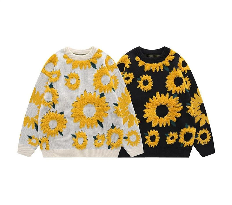 Harajuku Mens Sweater Sunflower Flocked Round Neck Oversized Men Ins Style Loose Casual Couple Knitted Pullover Tops 240830