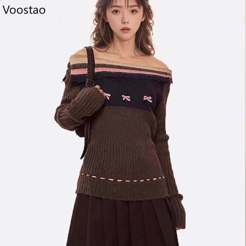 Autumn Winter Y2k Aesthetic Knitted Pullovers Women Elegant Striped Slash Neck Bow Sweaters Fashion Female Vintage Knitwear Tops 240830