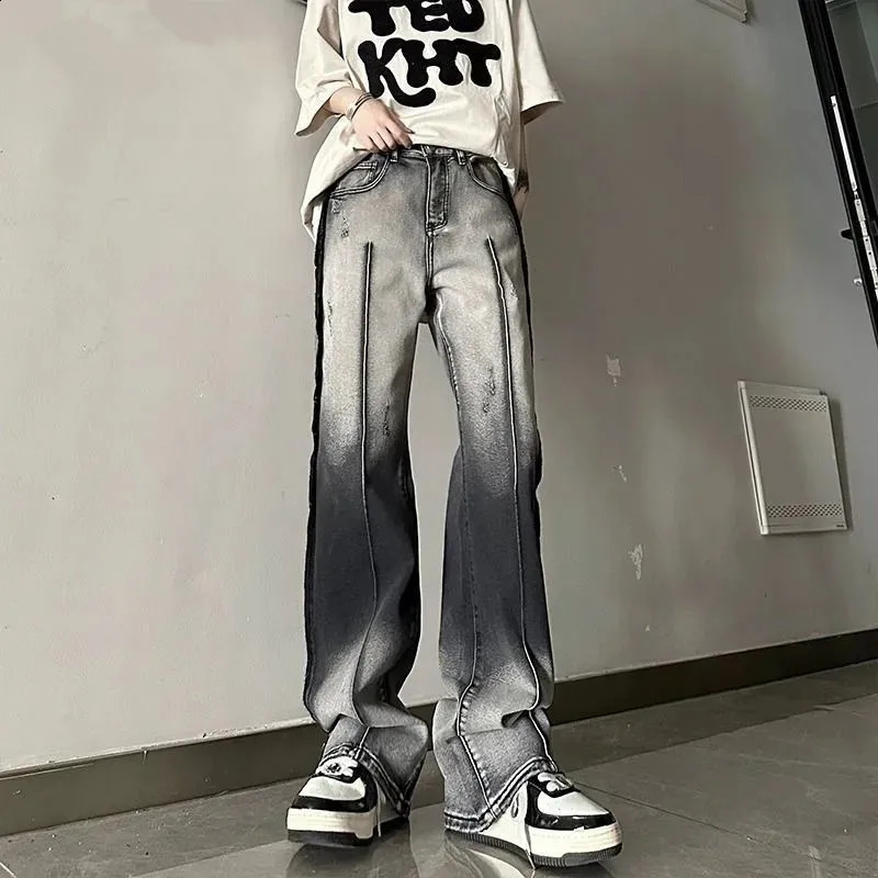 Spring Spliced Gradient Jeans Mens Vintage Zippered High Street Ins Trendy Darkwear Straight Loose Male Wide Leg Pants Autumn 240830
