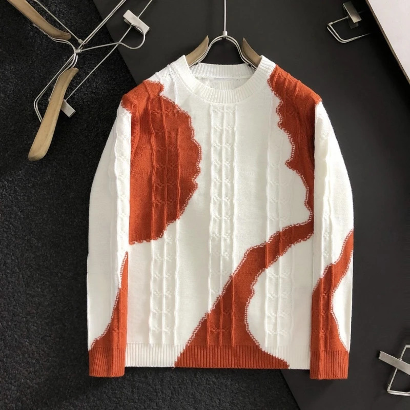 Autumn Winter Fashion Round Neck Long Sleeve Contrast Color Pullovers Mens Clothing Casual Korean Allmatch Knitting Chic Tops 240830