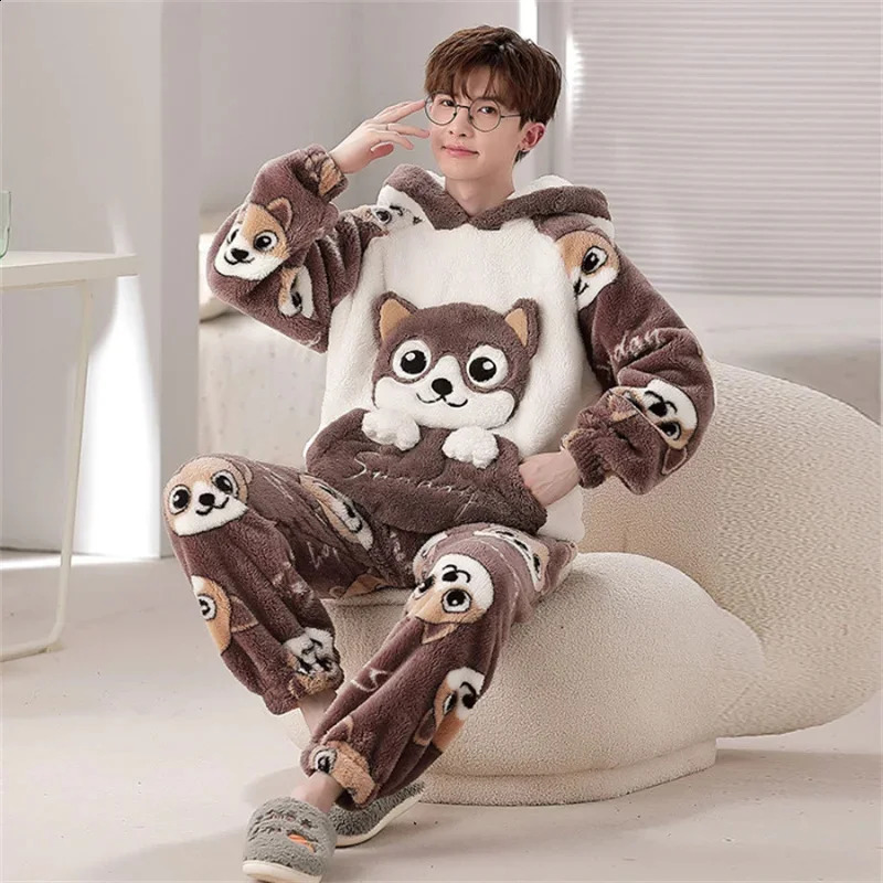 Mens Pajama Set Winter Cartoon Hooded Coral Velvet Pajama Thick Warm Home Set 5XL Large Comfortable Casual Clothing 240830