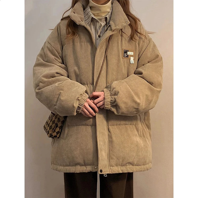 Parkas en velours côtelé pour femmes, manteaux surdimensionnés, Streetwear d'hiver, veste bouffante épaisse et chaude, poches coréennes, vêtement