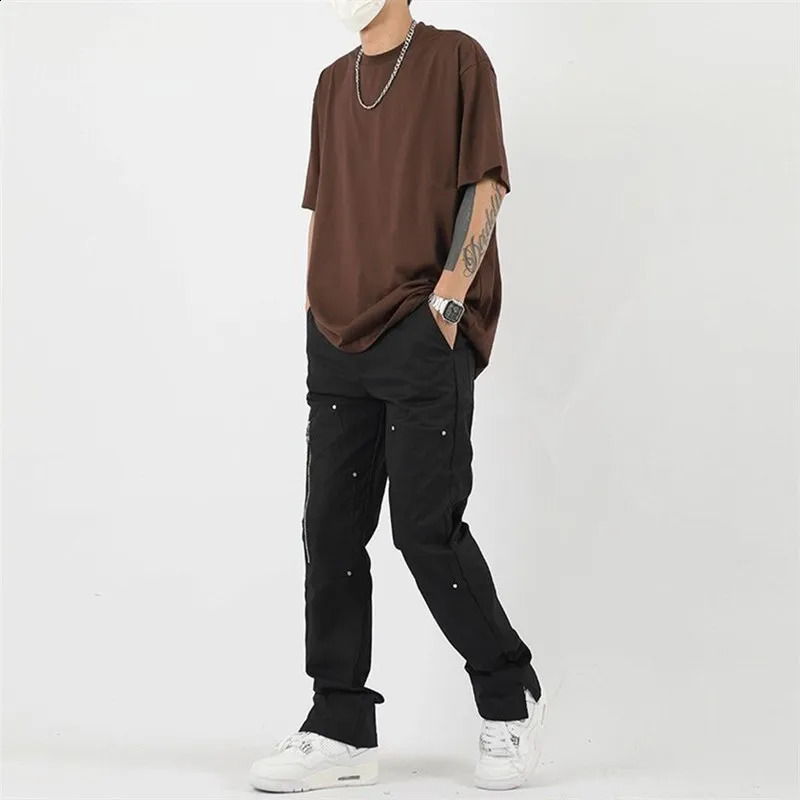 Vintage Jeans Mens Clothing Solid Color Riveted Zipper Y2K Straight-leg Pants Button Pocket Trousers A063 240830