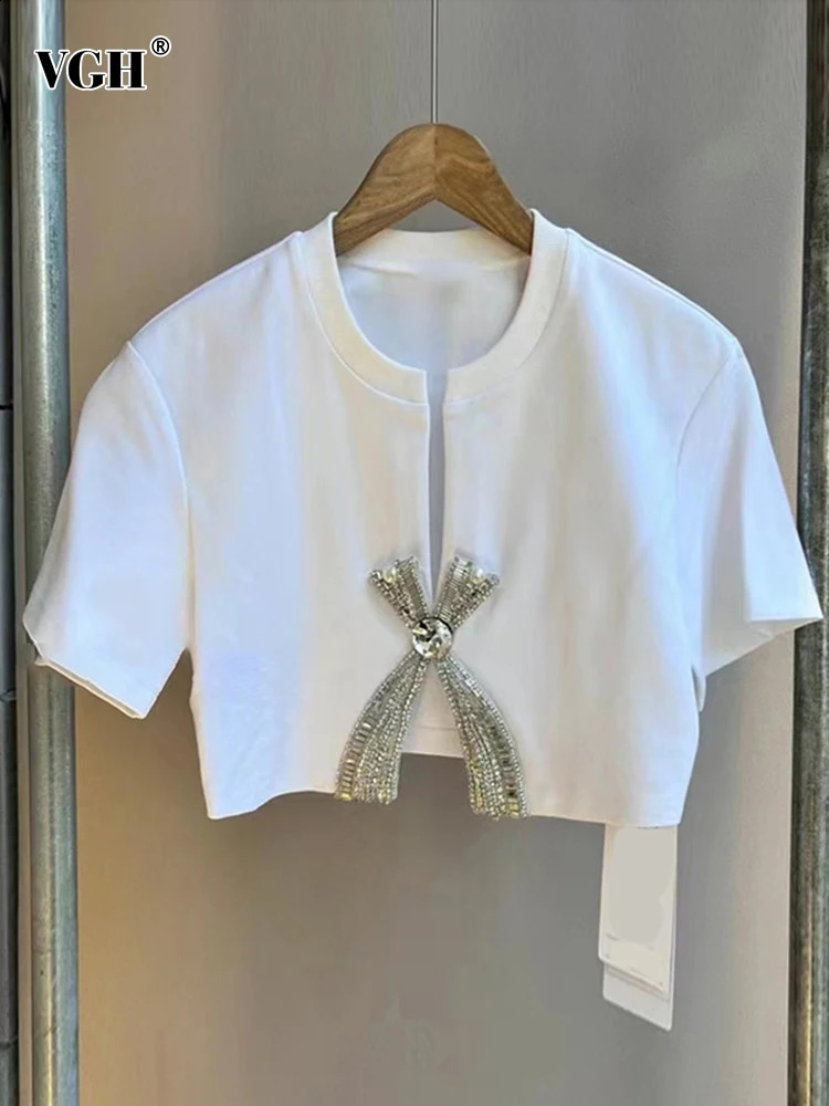 VGH Solid Patchwork Diamonds Split T Shirt For Women Round Neck Short Sleeve Slimming Minimalist T Shirts Female Fashion Style 240830