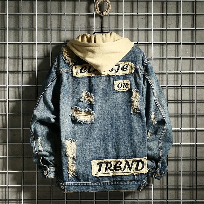 Mens Denim Jacket Patch Vintage Blue Male Jean Coats Ripped with Hole Washed Low Cost of Fabric Winter Outerwear Size L Y2k G 240830