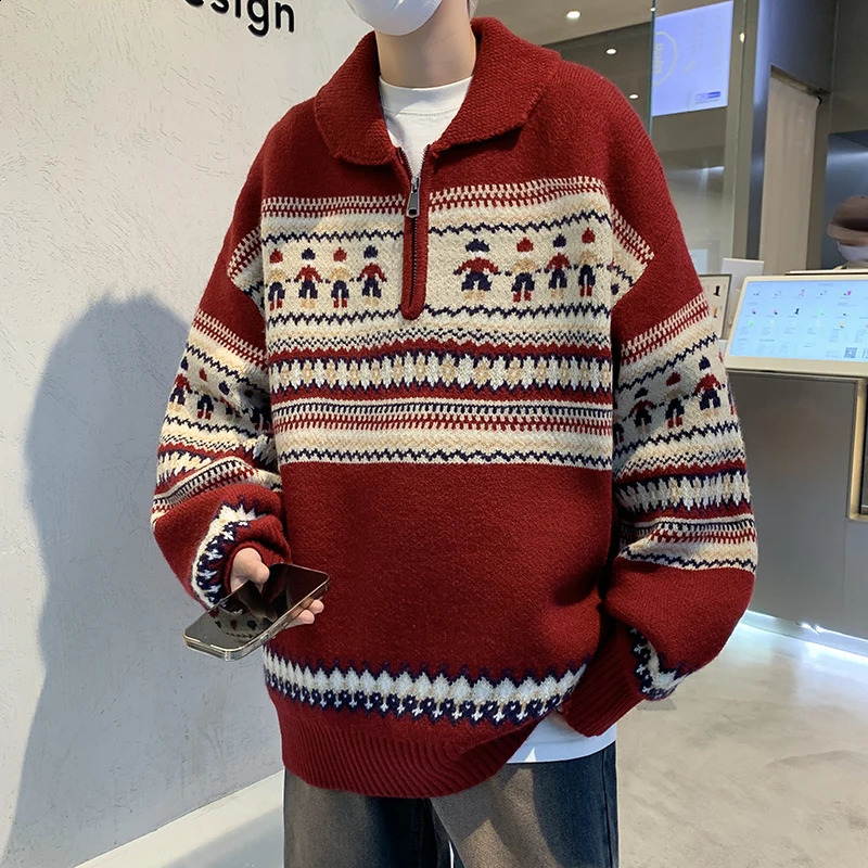 2024 Year Striped Christmas Sweaters Men Lapel Zipper Pullover Women Autumn Winter Loose Niche Couple Knitted Sweater Coat 240830