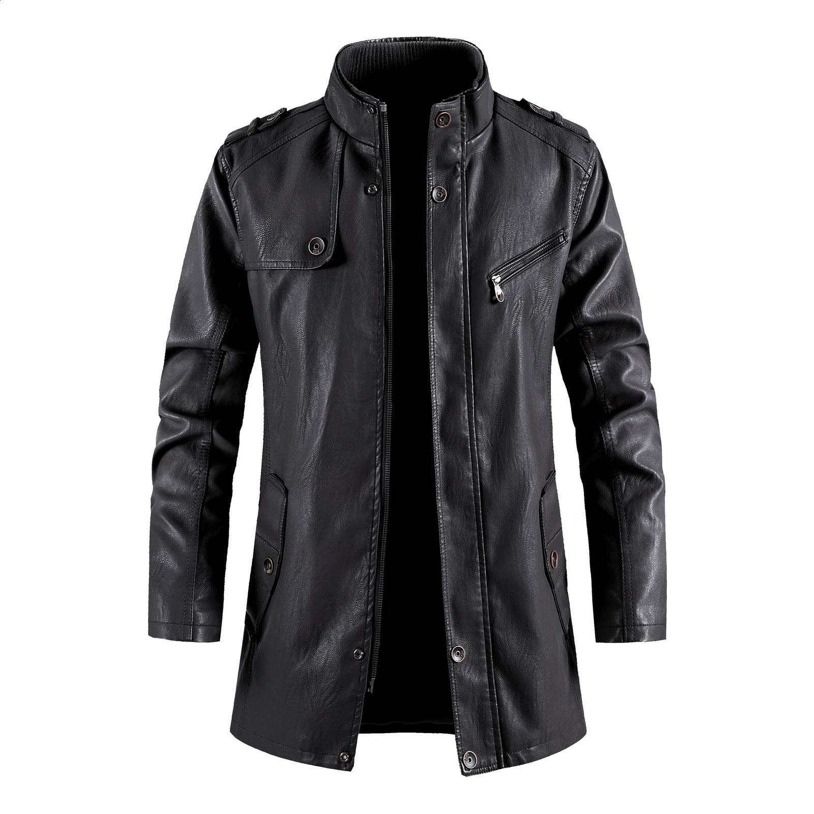 Winter Long PU Leather Jackets Men Stand Collar Windbreaker Faux Outerwear Motorcycle Casual Warm Leather Coats Man Clothing 240830