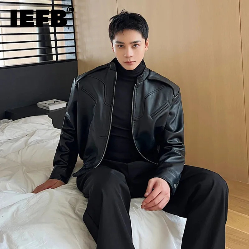 IEFB Autumn Winter High Grade Mens Standing Collar PU Leather Jacket Black Motorcycle Clothes Handsome Korean Style Coat 9C3074 240830