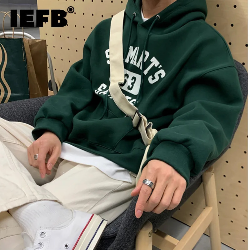 IEFB Menswear Korean Style Letter Printed Sweatshirt Mens Autumn Loose Hooded Long Sleeve Pullover Tops Coat 240830