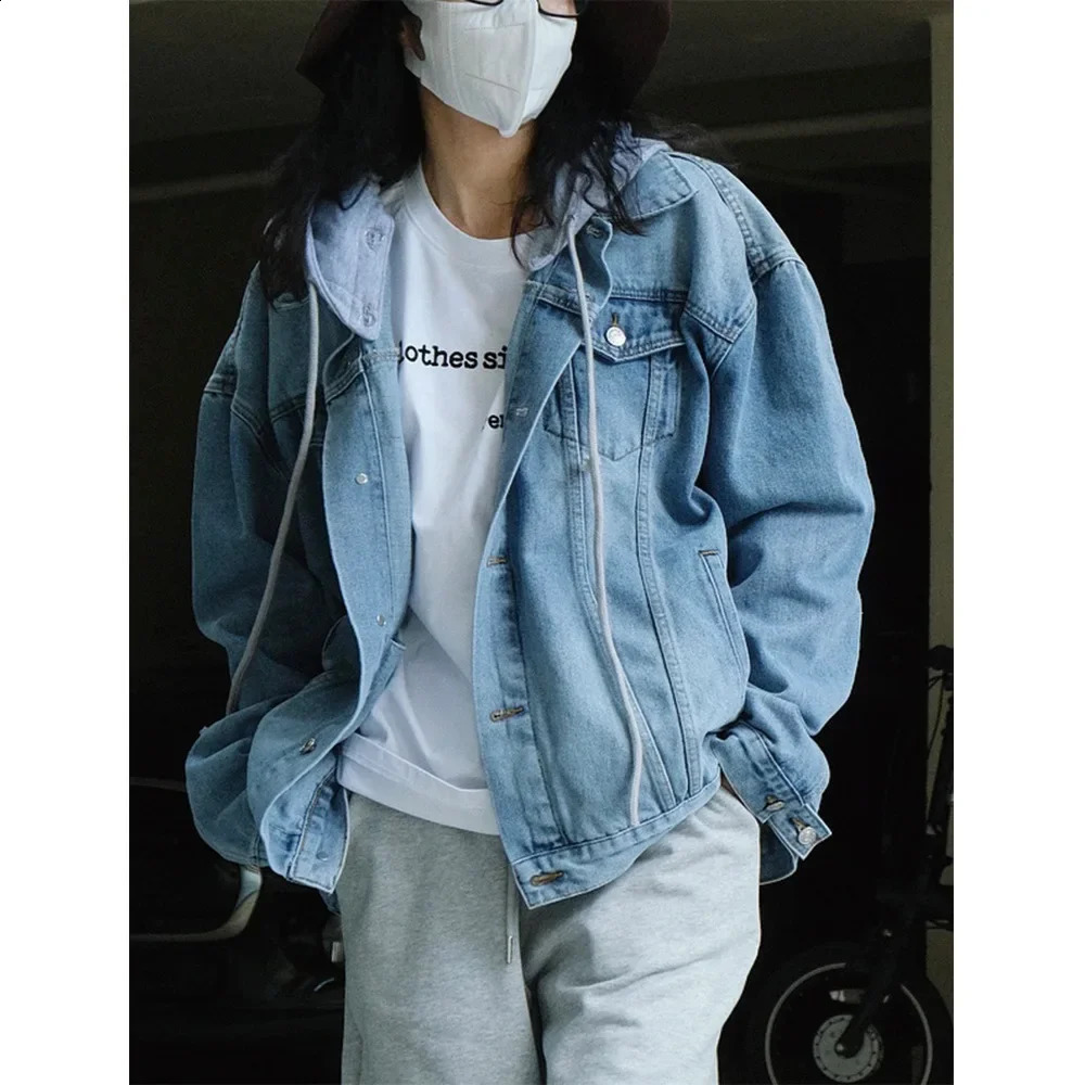 Early Autumn Style Korean Version Casual Two-piece Illusion Color Blocking Hooded Denim Jacket Loose Fit Slimming Top Women 240830