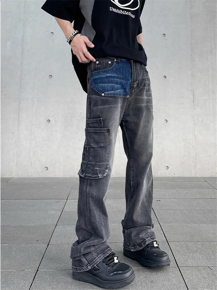High Street Jeans Mens Clothing Patchwork Color Contrast Bell Bottoms Button Multi-pocket Trousers A009 240830