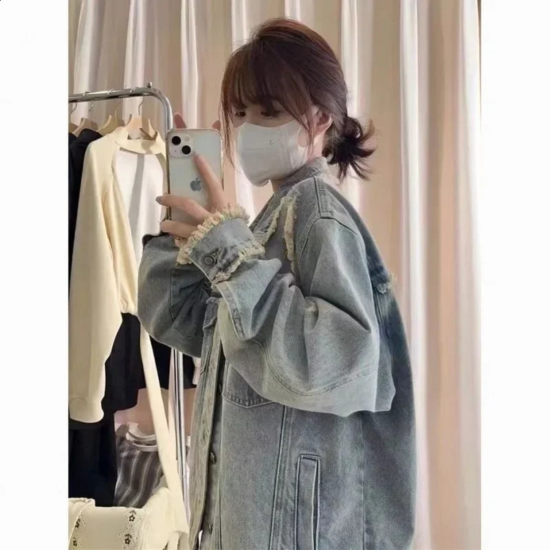 Vintage Hong Kong Style Denim Jacket For Women Trendy Spring Autumn Release Korean Version Fringed Loose Fit Slimming Top 240830