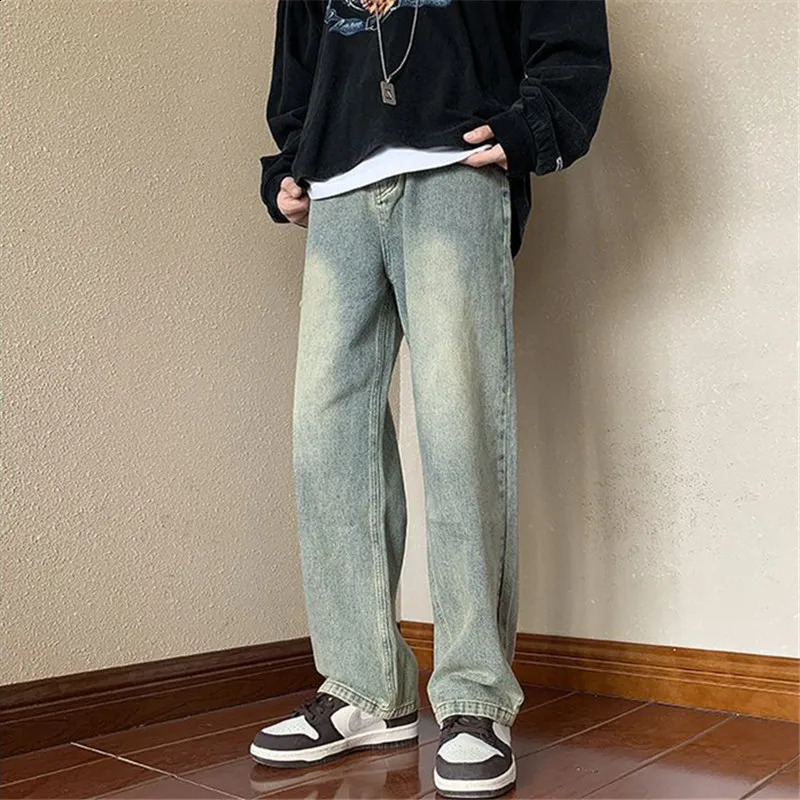 Vintage Jeans Mens Clothing Y2K Solid Color Straight Pants High Street Washed Button Pocket Loose Trousers A175 240830