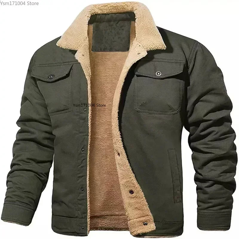 Winter mens bomber jacket collar solid color thick cargo jacket high-quality mens plush thick wool jacket 3XL mens clothing 240830