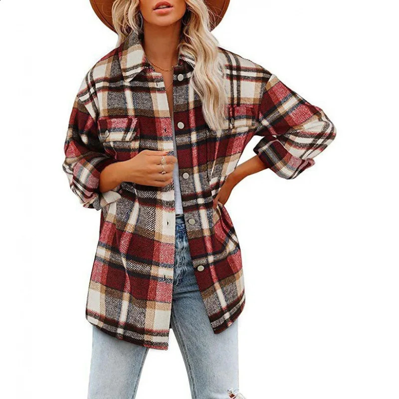 2023 Autumn and Winter Fashion Polo Collar Plaid Flannel Long Sleeve Temperament Womens Loose Unique Coat 240830