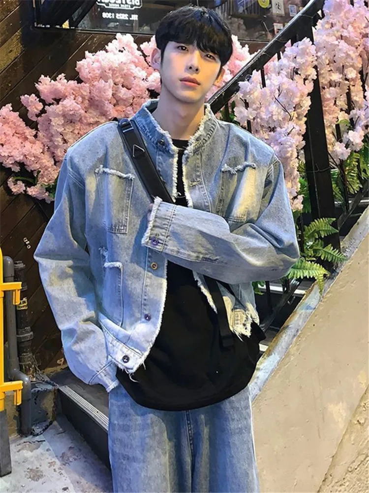 Denim Jacket Mens Clothing Raw Edge Splicing Stand Collar Single Breasted Multi Pocket Spring Autumn Wash Coat Fashion A012 240830