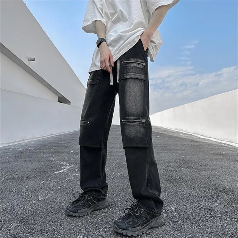 Cargo Jeans Mens Clothing Solid Color Elastic Waist Drawstring Multi-pocket Straight Pants Spliced Loose Trousers A025 240830