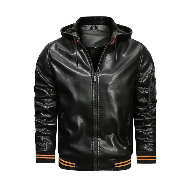 Mens hooded leather jacket Spring and Autumn motorcycle riding jacket thickened winter windproof and waterproof work jacket 240830