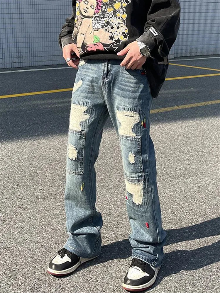 High Street Jeans Mens Clothing Do Old Ripped Embroidery Y2K Straight-leg Pants Button-pocket Stylish Trousers A073 240830