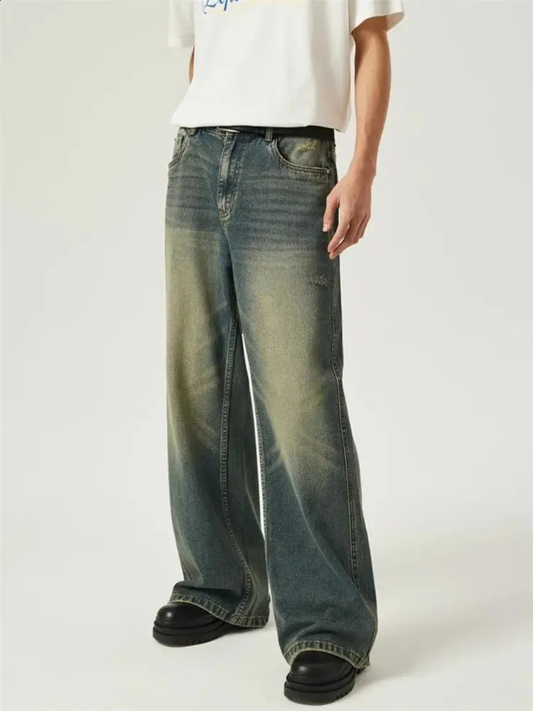 Jeans Mens Clothing Washed Straight Pants with Button Pockets Street Style Trousers A001 240830