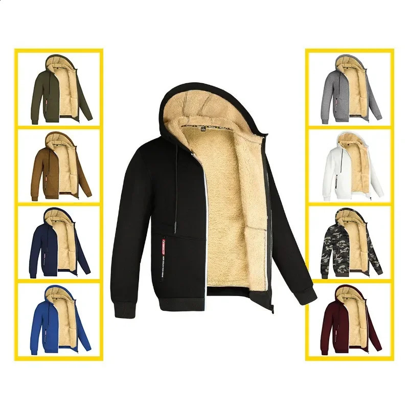 Winter Lambswool Zipper Hoodie Thick Warm Jacket Long Sleeve Sweater Casual Sports Wool Black Coat Hoodie Mens Coat 240830