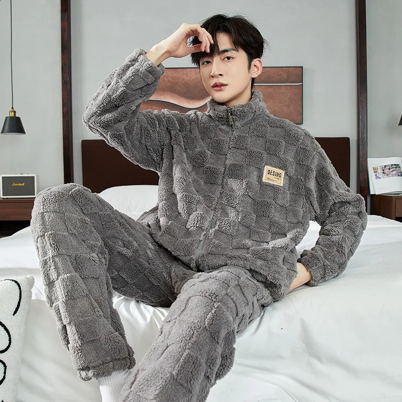 Autumn and winter long plush mens plain flannel sleepwear pants 2-piece home spun womens velvet thick sleepwear zipper Pj 240830