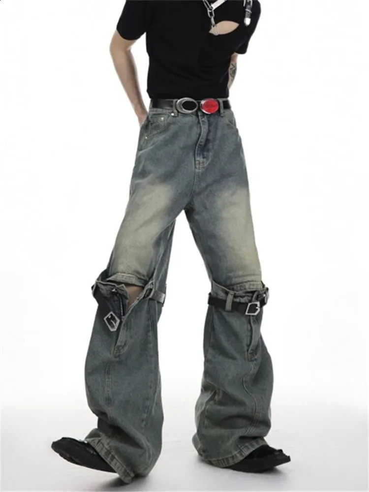 Hip Hop Jeans Mens Clothing Patchwork Zipper High Street Flare Pants Solid Color Button Pocket Loose Trousers A176 240830