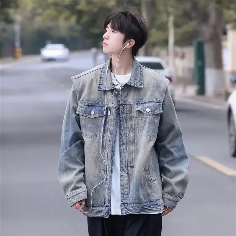 American Stylewashingdistressed Denim Jacket For Men Spring Autumn High Street Trendy Multi-zipper Couple Version Working Jacket 240830