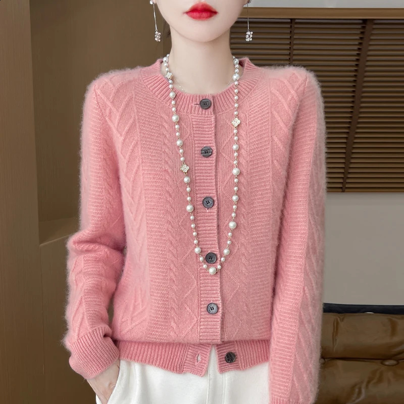 Womens Sweater Knitted Cardigan Round Neck 100% Pure Wool Twisted Flower Long Sleeved 24 Autumn Winter Slim Fit Warm Jacket 240830