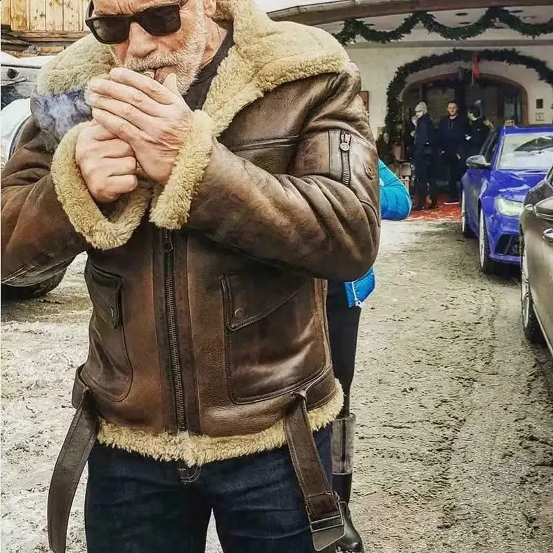 Winter Mens Lamb Wool Lined Leather Jacket Parka Outwear Coat Men Retro Fur Locomotive Jacket Zipper PU Leather Coat Warm 240830