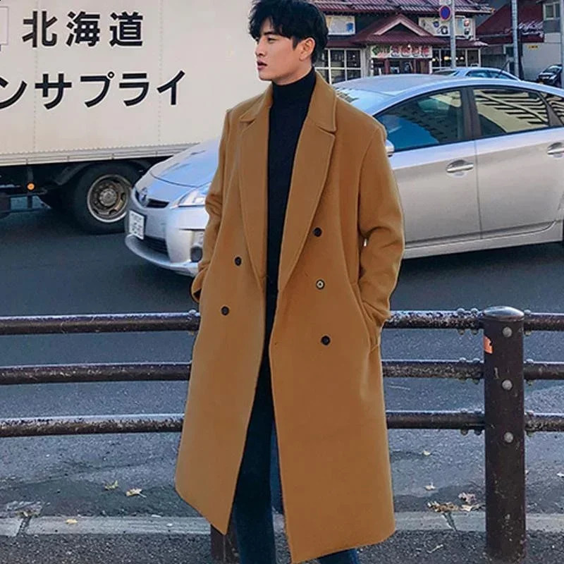 Mens Winter Korean Fashion Woolen Coats Mens Business Casual Slim Double-breasted Solid Long Wool Windbreaker Trench Jackets 240830