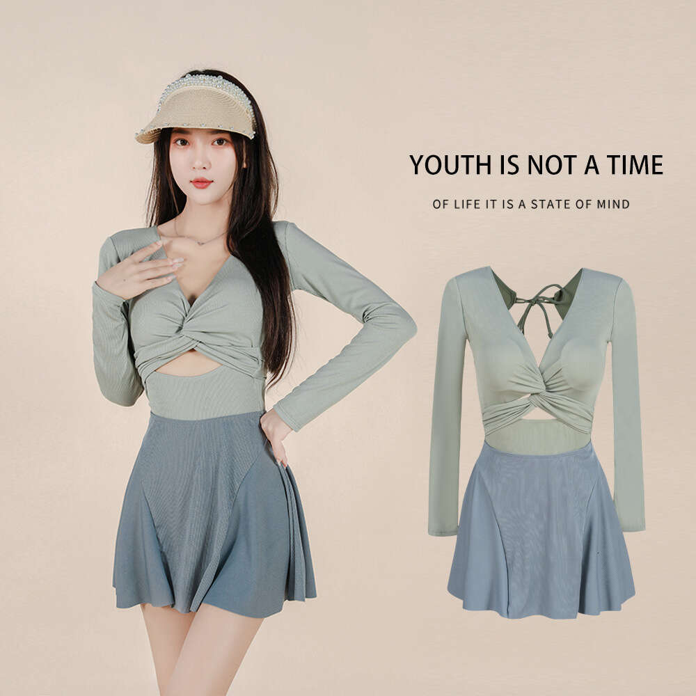 Swimming for women, new Xia Han ins long sleeved jumpsuit, sexy backless appearance, slim chest, belly covering, spicy girl swimming suit H260114-image-1091922916
