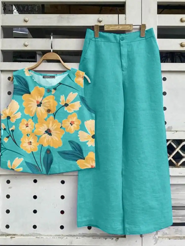 2-piece summer sleeveless vest top and pants set ZANZEA womens fashion mens suit 2024 casual print matching set 240830
