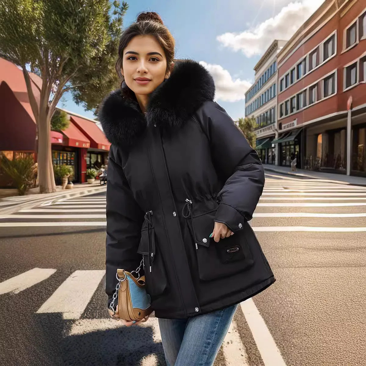 YJKDYK Womens Padded Jacket Female Fur Collar Warm Parkas Coats Womems Hooded Drawstring Waist Cinching Cotton Jacket 240830