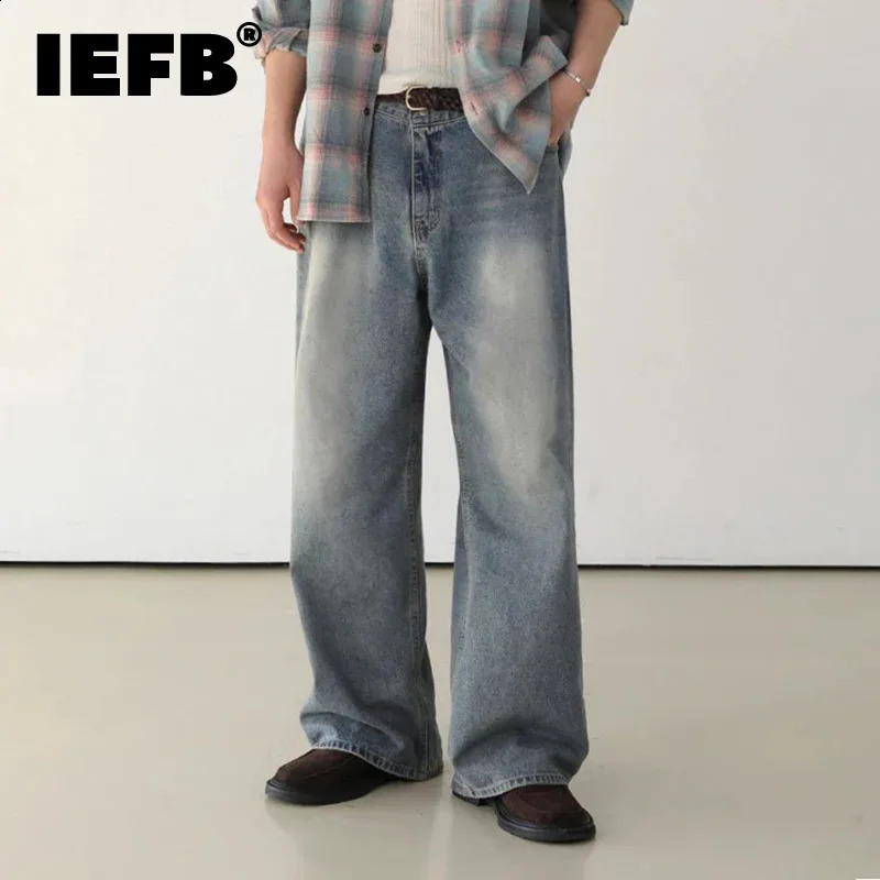Iefb coréen de style coréen pantalon denim usé wshing pantalon décontracté droit jeans masculin de couleur unie ample 9c6909 240830
