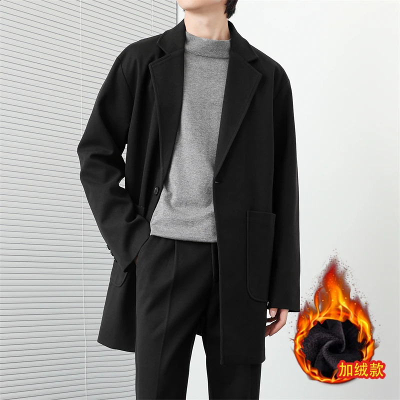 Korean Fashion Mens Wool Blends Trench Thickened Warm Vintage Mid To Long Length Clothing Outdoor Casual Windproof Overcoat 240830